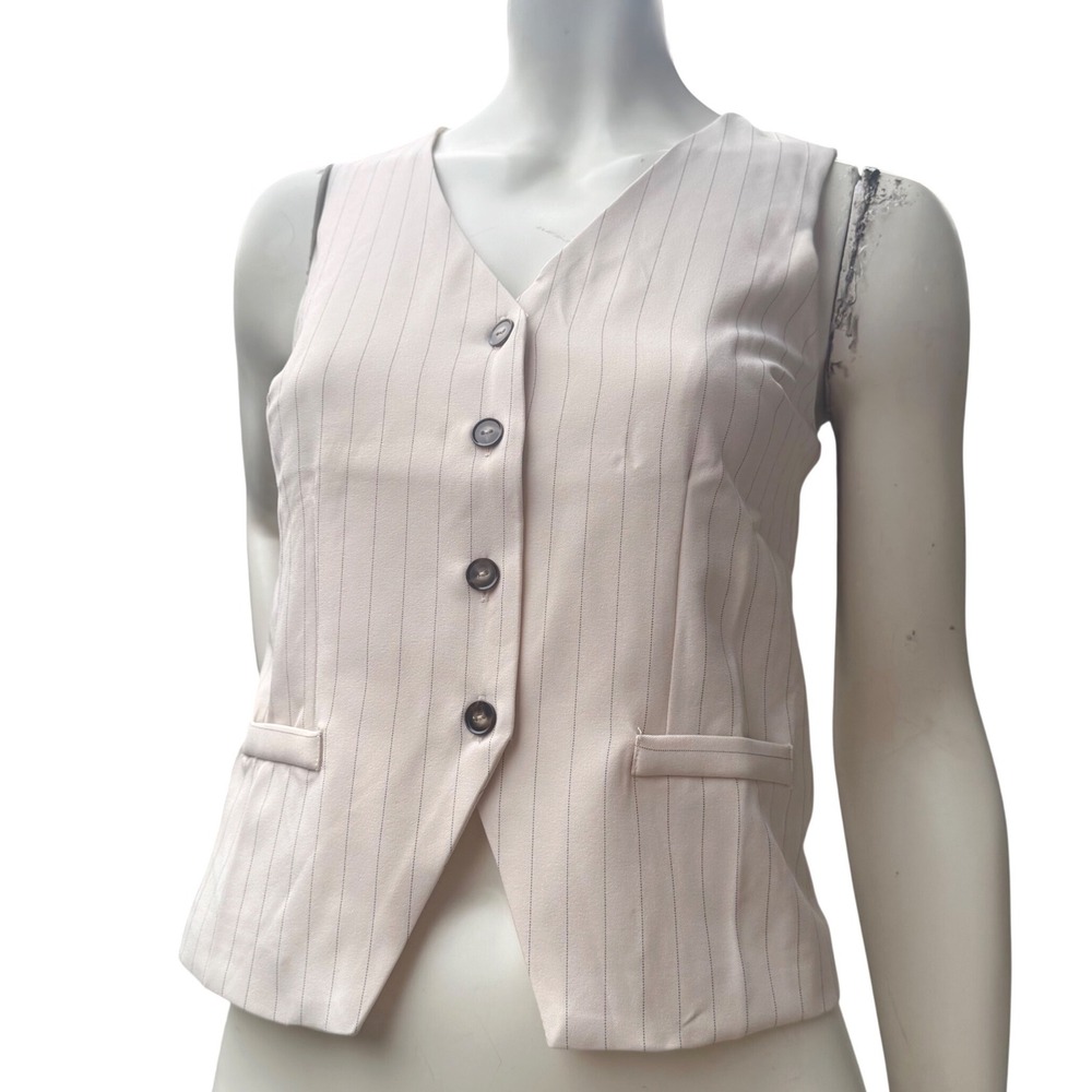 Monteau Pinstripe Vest Tailored Waistcoat Cream Office Siren Light Academia S